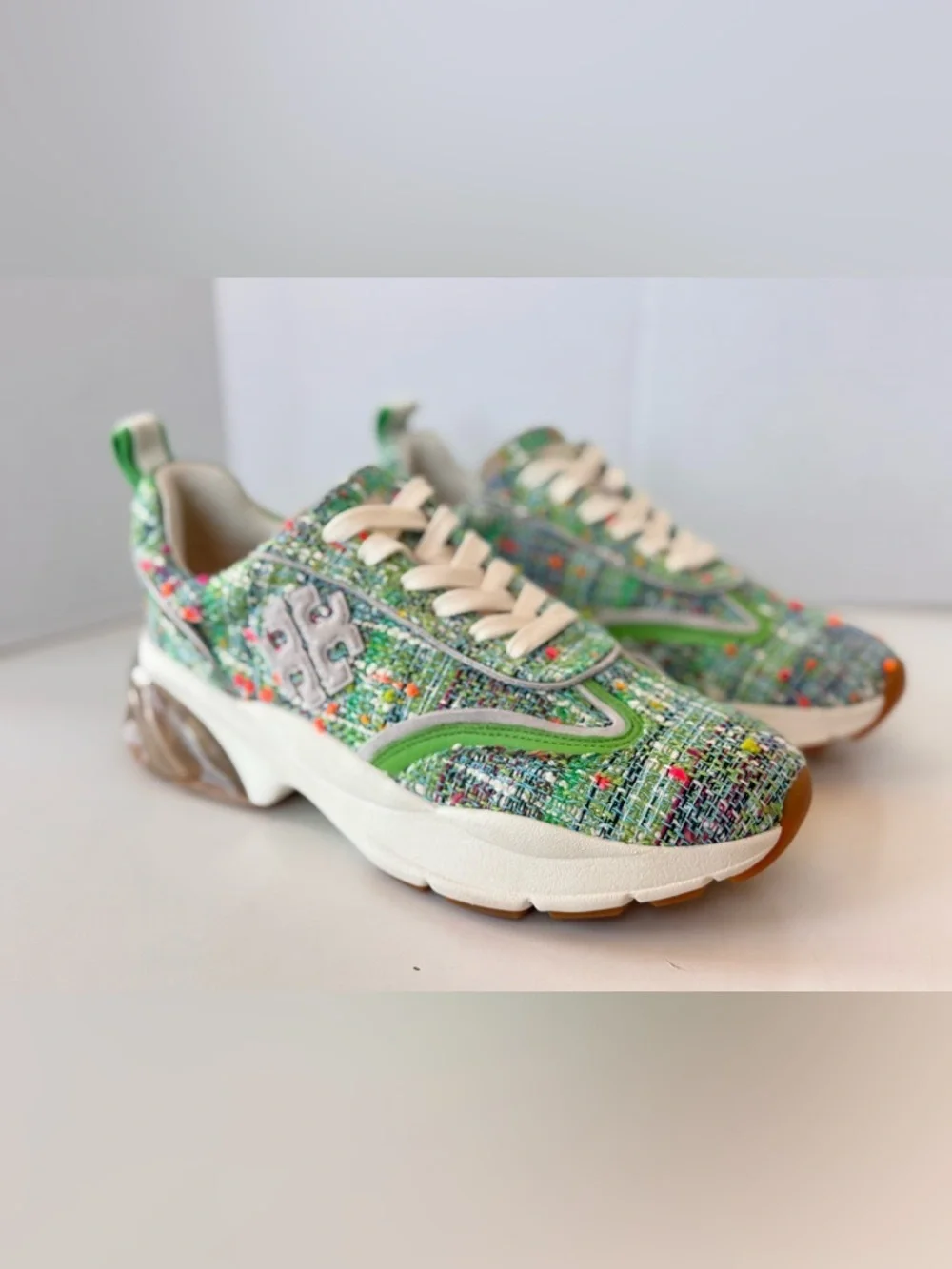 Tory Burch Women's Good Luck Trainer Sneakers Tweed Blue Green Size 8